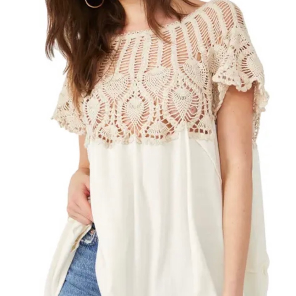 FREE PEOPLE SWEET SUN CROCHET SEXY BOHO TUNIC TOP IVORY LARGE $148